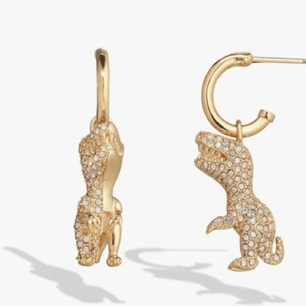 Coach 𝐍𝐖𝐓 Signature Pavé Rexy T-Rex Charm Huggie Earrings NEW - Picture 7 of 10